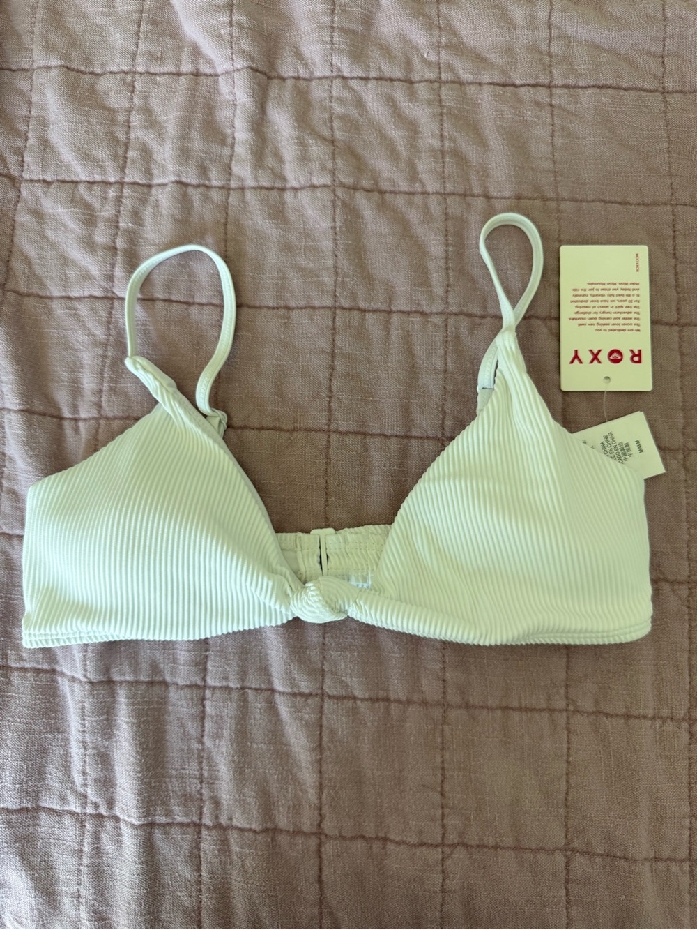 Roxy Cream Ribbed Knot-Front Bikini Top